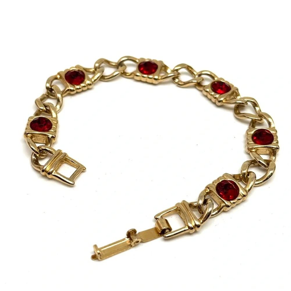 Vintage Goldtone Link Bracelet with Red Rhinestones